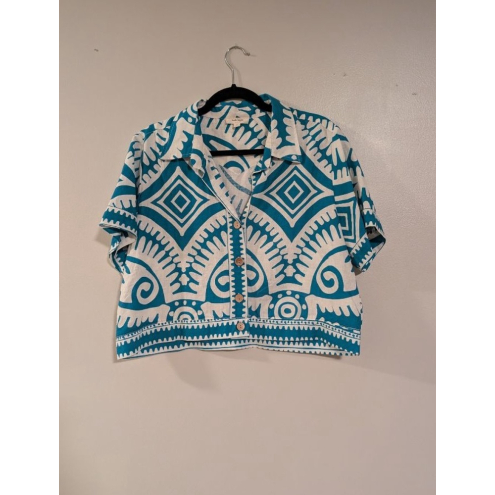 Women's Haute Hippie Button Down Shirt M White Teal Linen Blend